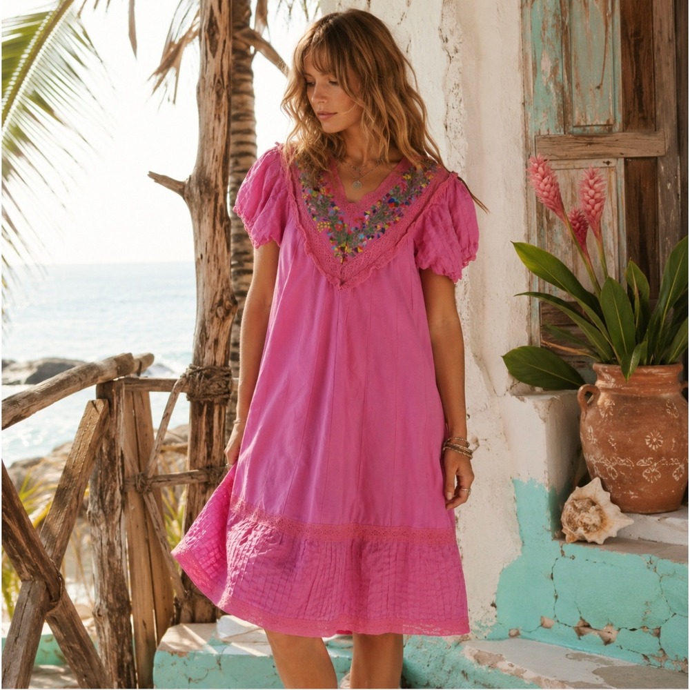 Vintage‎ Huipil Pink Floral Embroidered Boho Midi Dress Resort Kaftan Hippy L XL